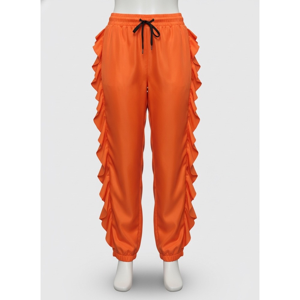 Labijou Womens Orange Ruffle Trim Jogger Pants Elastic Waist Size Large